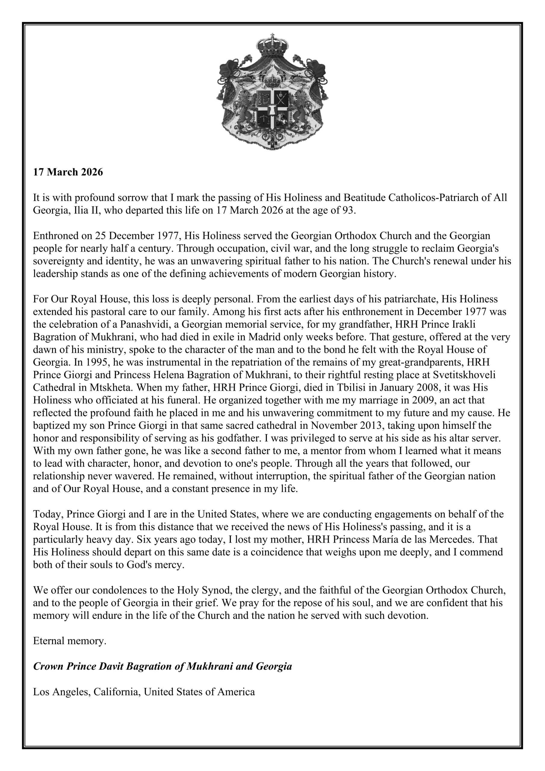 Royal House of Georgia memorial statement for Patriarch Ilia II in English