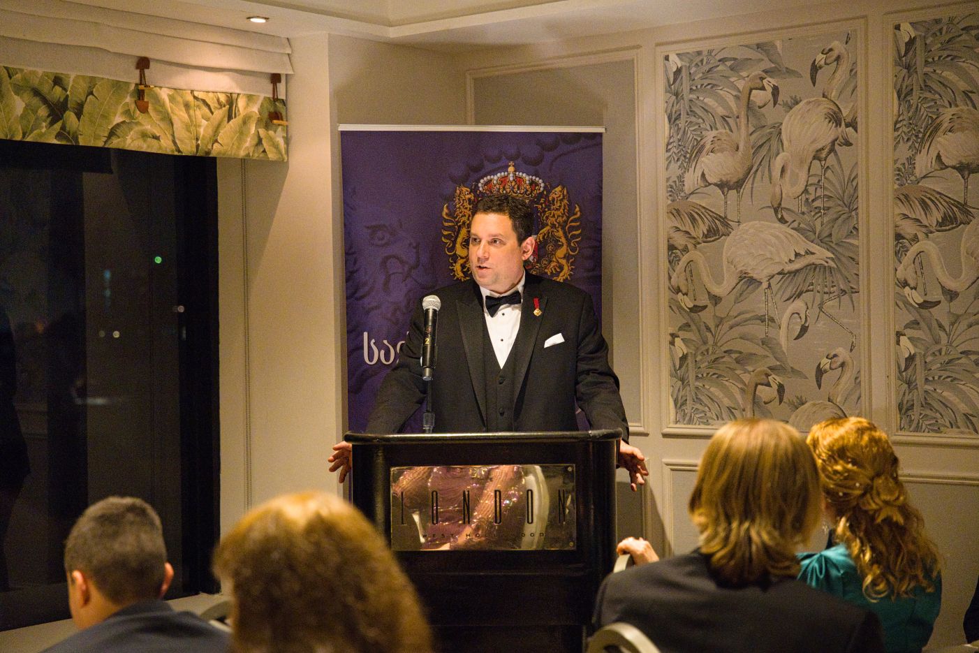 Tavadi Kimon Andreou speaking at the Royal House of Georgia’s gala dinner in Los Angeles, 2026